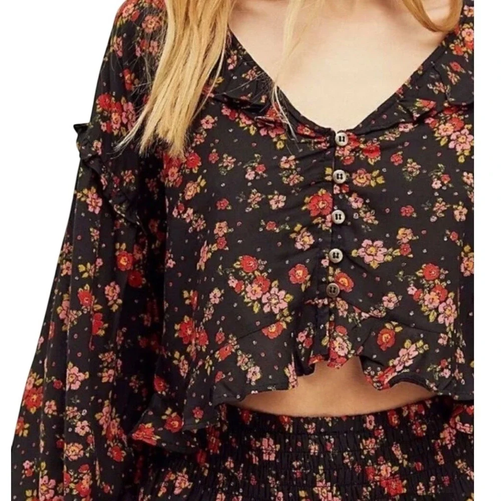 Free People Secret Garden Set Boho Black Floral Tiered Maxi Skirt Set Black S/M